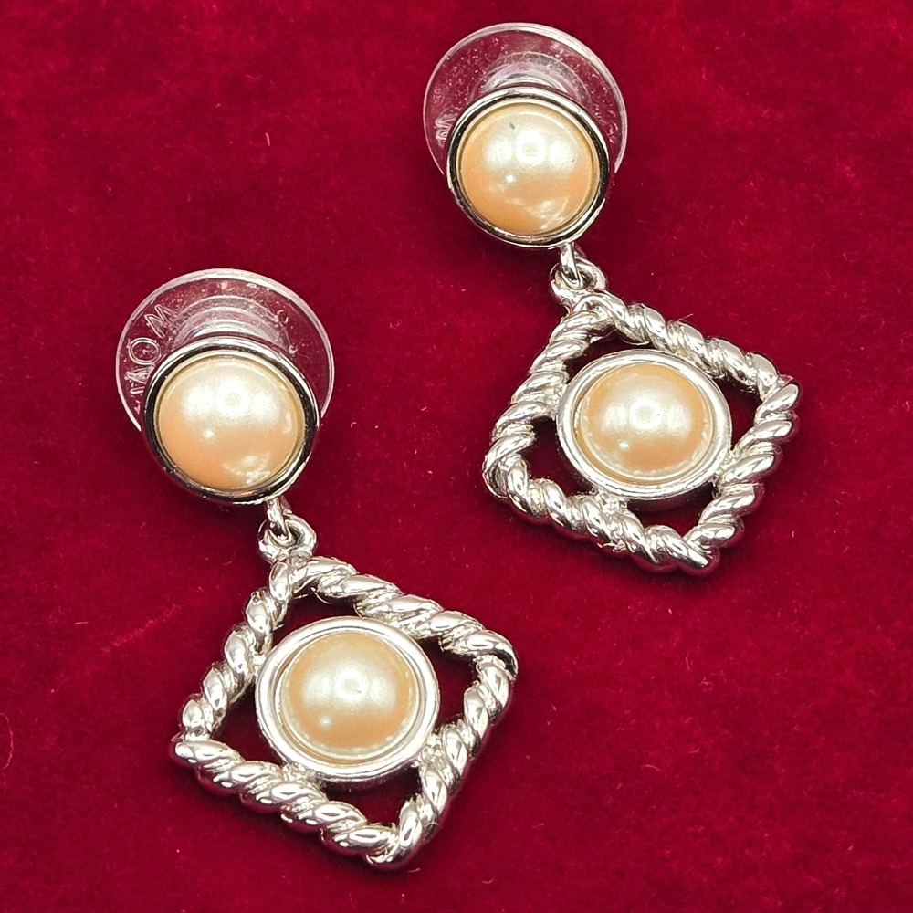 Monet Vintage Silver Tone‎ Faux Pearl Square Rope Frame Drop Earrings Pierced